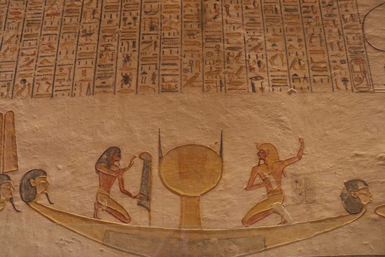 Hieroglyphics inside the Tomb of Rameses VI - Valley of the Kings. The colour and drawing still preserved well in the tomb.