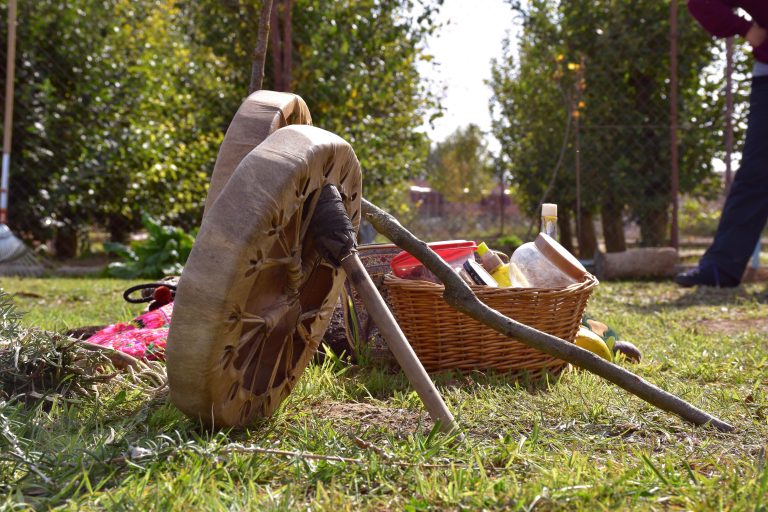 Leather drums with their sticks and basket with aromatic plants and offerings for the temazcal.
