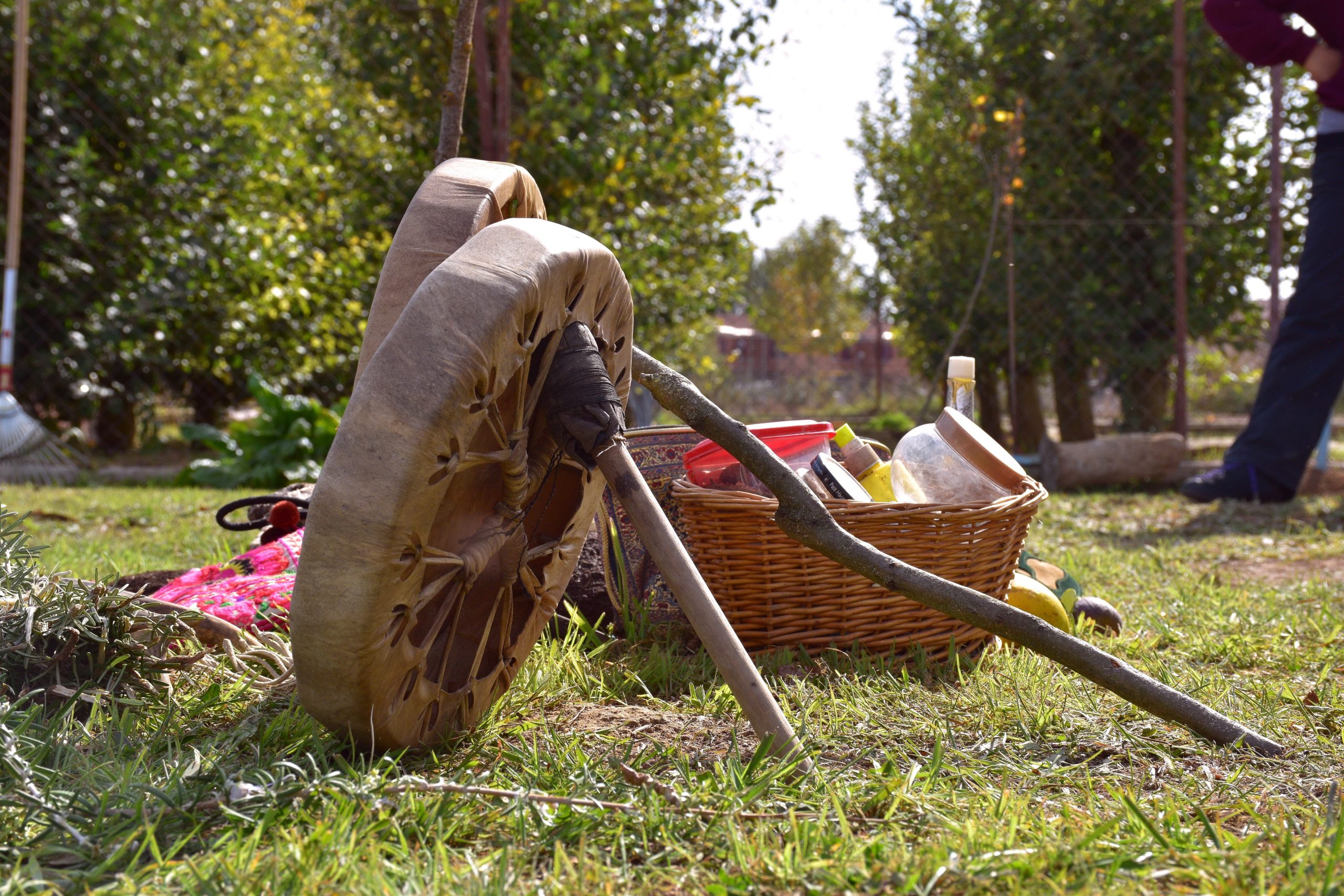 Leather drums with their sticks and basket with aromatic plants and offerings for the temazcal.